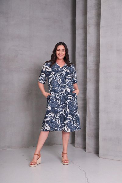 Ebsumu Rochie de damă, mărime mare, cu model, albastru bleumarin