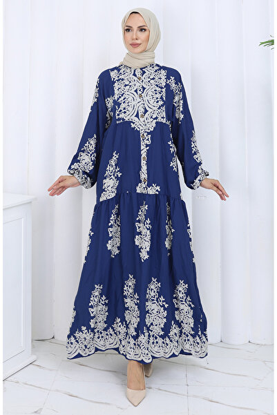 sefamerve Viskon Kumaş Yarım Düğmeli Elbise 2117-01 Lacivert