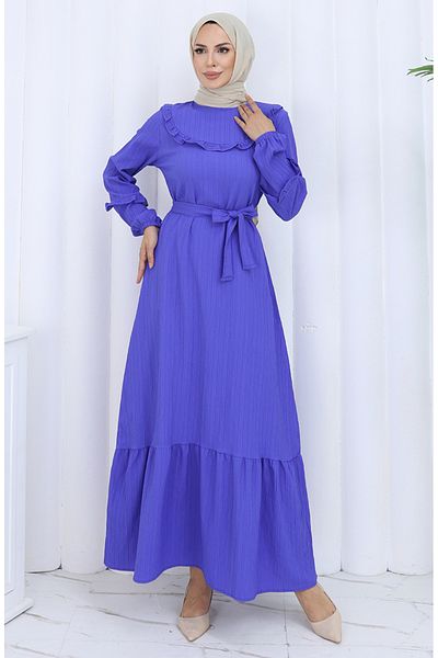 sefamerve Ruffle Collar Belted Dress 2123-04 Eggplant Color