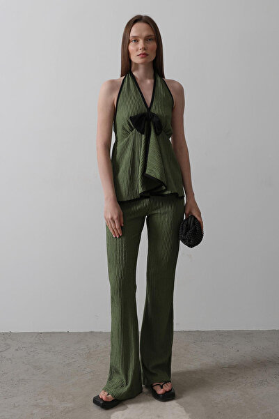 VAGGON Women's Khaki Halter Neck Bow Detailed Blouse and Pants Knitted Set Vs00525