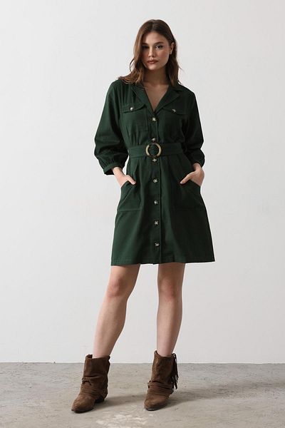 VAGGON Women's Khaki 4 Pocket Shirt Collar Belt Detailed Gabardine Dress Vs00503