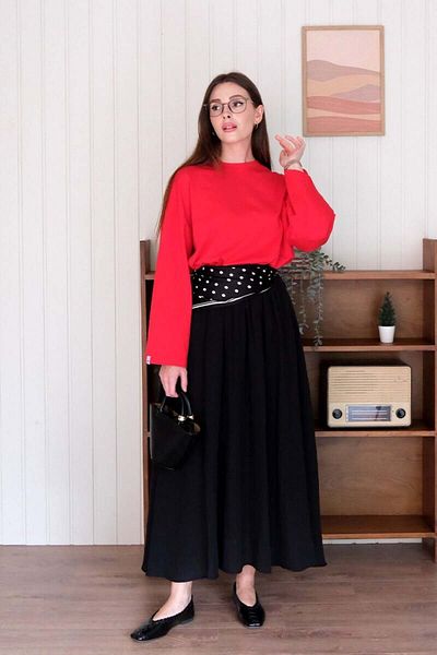 Ceylan Otantik Red Crop Body & Black Muslin Piping Skirt Set