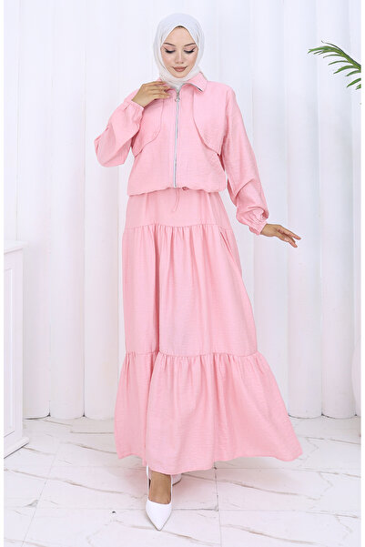 sefamerve Double Suit with Elastic Sleeves and Zipper 0129-01 Pink