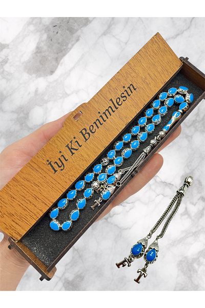 KANUNİ TESBİH Mărgele de rugăciune din metal în culoare turcoaz în cutie de lemn, cu detaliu de litere