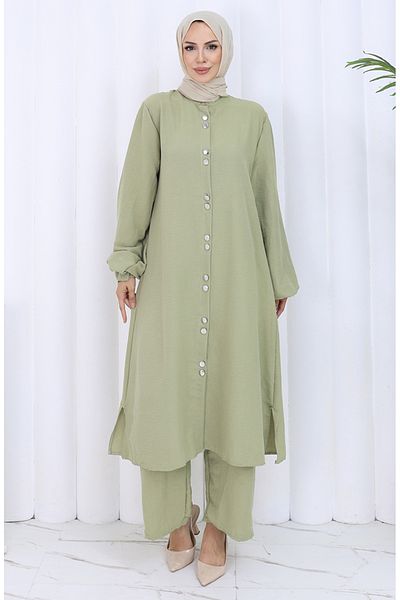 sefamerve Pantaloni tunică cu nasturi înalți Set dublu 2114-01 Mould Green