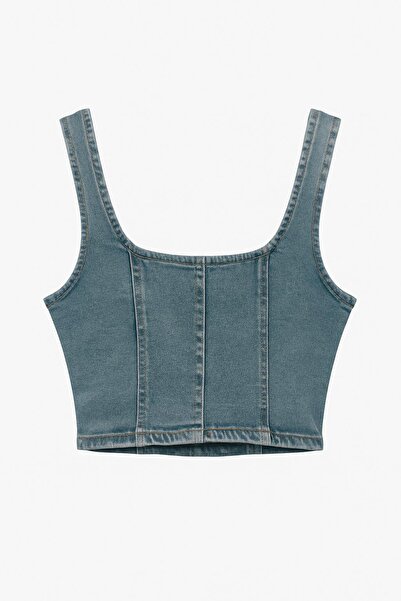 HAKKE Dikiş Detaylı Fitted/Vücuda Oturan Crop Denim Bluz
