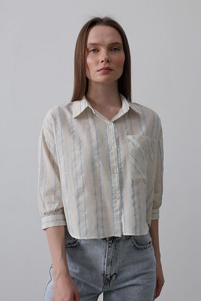 VAGGON Women's Blue-Beige Striped Short Shirt with Pockets Vs00500
