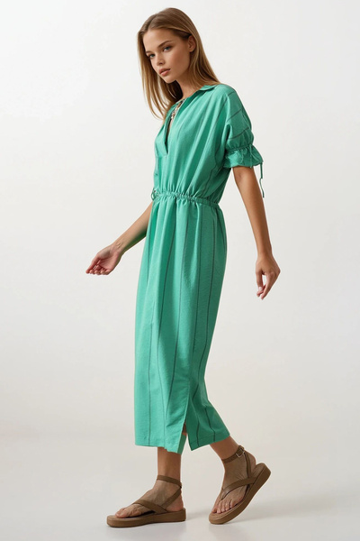 VAGGON Γυναικείο πράσινο πουκάμισο με ριγέ φόρεμα με ελαστική μέση και μανίκια Vs00564