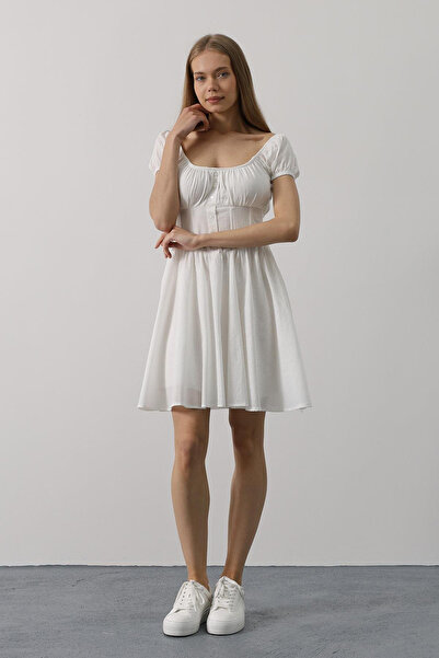 VAGGON Women's White U-Neck Button Detailed Waist Corset Mini Dress Vs00549