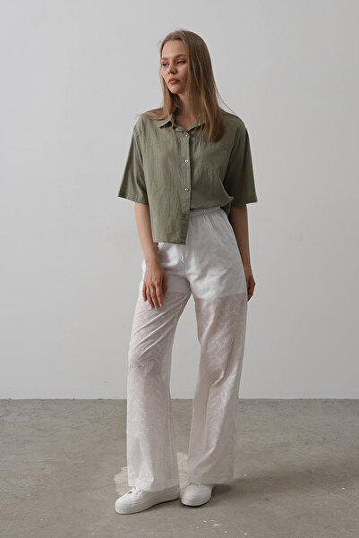 VAGGON Women's White Tie-Waist Brode Pants Vs00559