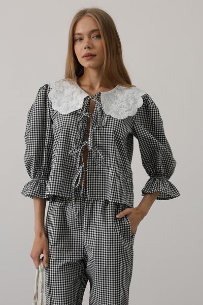 VAGGON Women's Black Lace Collar Square Patterned Suit Vs00596