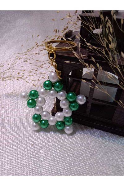 MODA MANANI 5 Pieces White Green Pearl Long Gold Color Chain Keychain