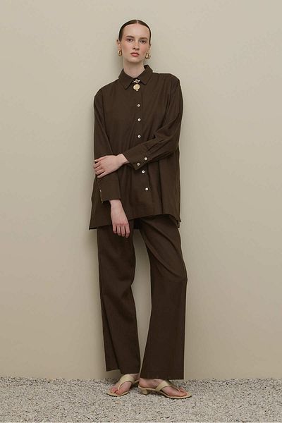 Fahhar Lyocell Linen Shirt Suit Brown