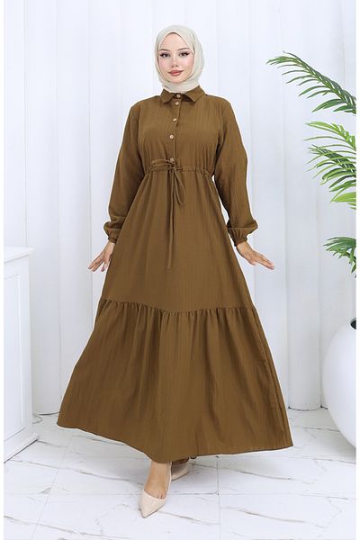 sefamerve Rochie cu șireturi la talie 0127-02 Maro