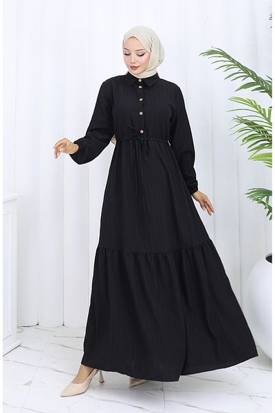 sefamerve Button Dress with Tie-Up at the Waist 0127-01 Black