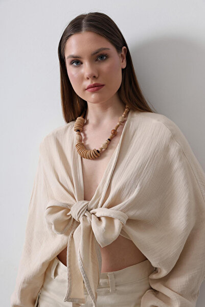 VAGGON Women's Beige Long Sleeve Blouse with Front Tie Detail Vs00455