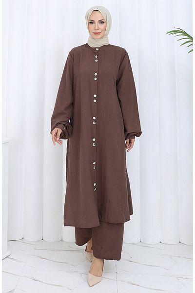 sefamerve Pantaloni tunică cu nasturi lungi Set dublu 2114-06 maro