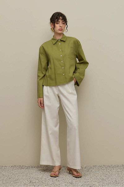 Fahhar Kimono Sleeve Short Linen Shirt Apple Green