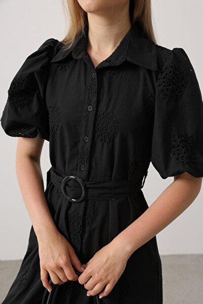 VAGGON Women's Black Balloon Sleeve Belted Brode Dress Vs00522