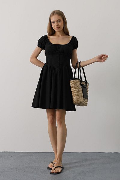 VAGGON Women's Black U Neck Button Detail Mini Dress with Corset Waist Vs00549