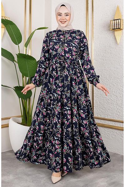 sefamerve Rochie din viscoză cu șireturi în talie 7122-02 bleumarin