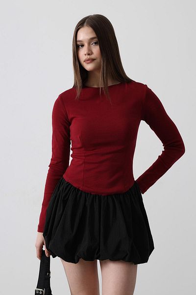 VAGGON Women's Bordo Crew Neck Balloon Hem Mini Dress Vs00487