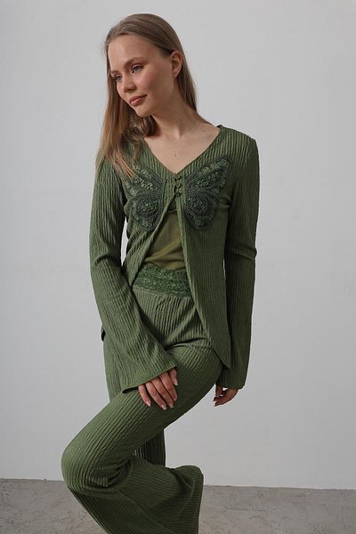 VAGGON Women's Khaki Butterfly Detailed Knitted Suit Vs00612