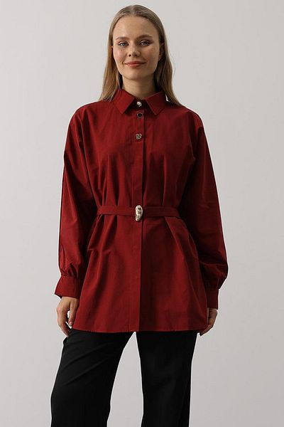 VAGGON Women's Burgundy Belt Detailed Tunic Shirt Vs00576