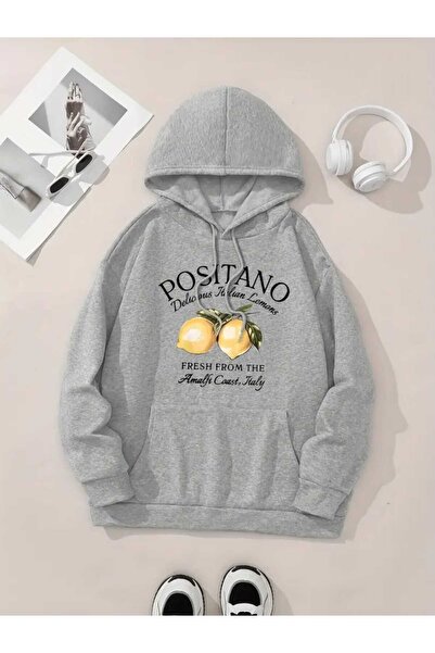 caddekombin Positano Lemons Printed Hooded Pocket Wool Inside Gray Sweatshirt