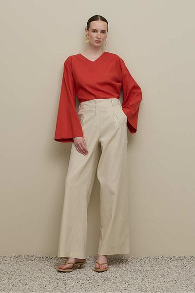 Fahhar Linen Straight Trousers Stone