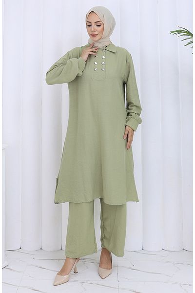 sefamerve Pantaloni tunică cu nasturi dublu Set de două piese 2118-07 Mould Green