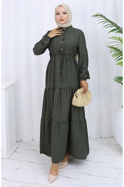 sefamerve Button Dress with Tie-Up at the Waist 0128-01 Dark Khaki