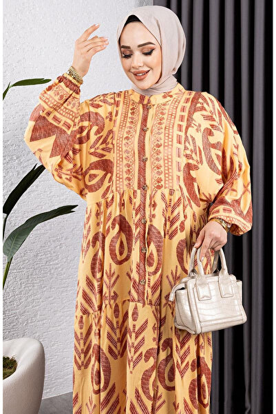 sefamerve Ethnic Pattern Viscose Dress 7105-03 Yellow