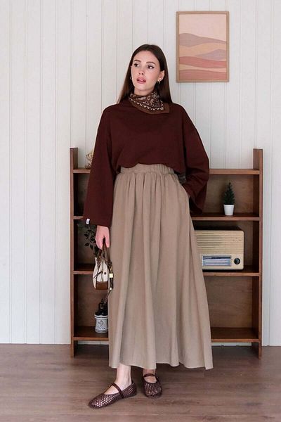 Ceylan Otantik Bitter Brown Crop Body & Mink Muslin Piping Skirt Set