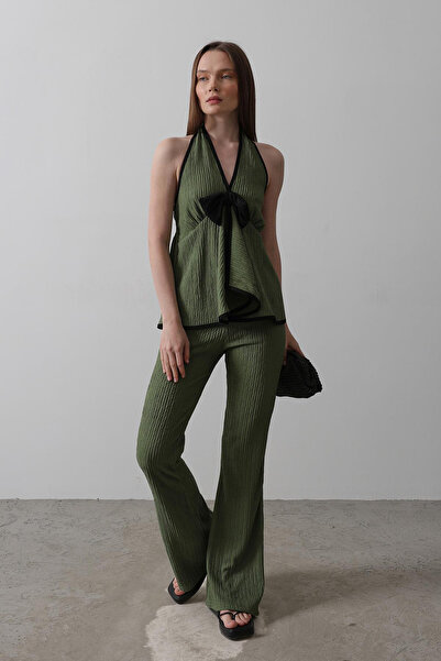 VAGGON Women's Khaki Halter Neck Bow Detailed Blouse and Pants Knitted Set Vs00525