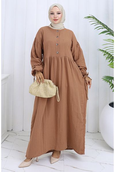 sefamerve Rochie cu mâneci elastice Button 2111-04 Cafea cu lapte
