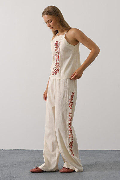 VAGGON Women's Cream Beaded Strap Trousers Set Vs00622