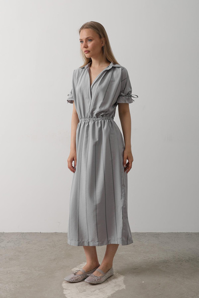 VAGGON Γυναικείο γκρι πουκάμισο με ριγέ φόρεμα με ελαστική μέση και μανίκια Vs00564