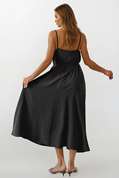 VAGGON Women's Dark Anthracite Thin Strap Belted Midi Dress Vs00615