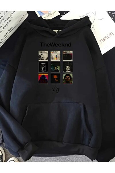 caddekombin The Weekend Albümleri Baskılı Kapüşonlu Cepli İçi Yünlü Siyah Sweatshirt