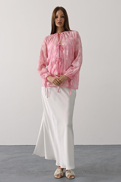 VAGGON Women's Pink Self-Patterned Chiffon Blouse with Tie Detail Vs00554