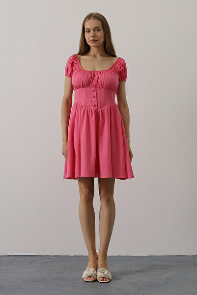 VAGGON Women's Fuchsia U-Neck Button Detailed Waist Corset Mini Dress Vs00549