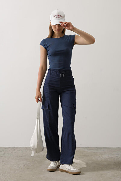 VAGGON Kadın İndigo Kemerli Kargo Cepli Palazzo Pantolon Vs00586