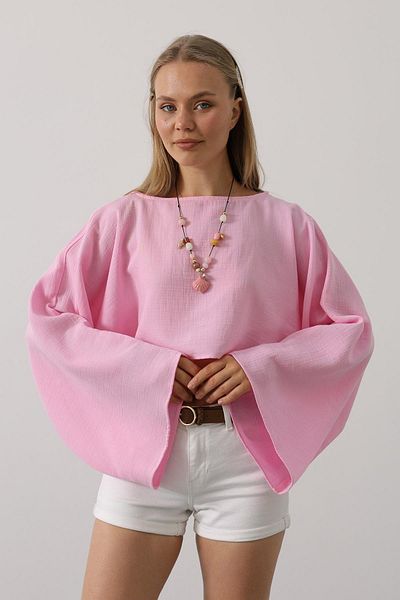 VAGGON Women's Pink Crew Neck Bat Sleeve Crop Blouse Vs00442