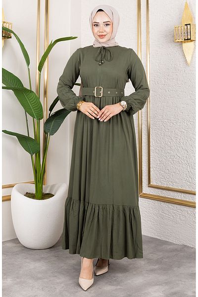 sefamerve Rochie Hijab cu detaliu curea 0220-07 Verde kaki