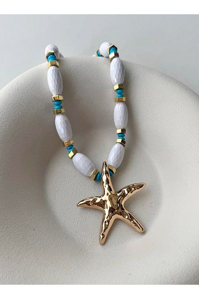 mos&more White Beaded Starfish Elegant Beach Necklace