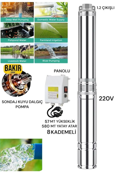 SCHUTZENGER 4SD/8 220V Sondaj Kalem Dalgıç Su Motoru Pompa 57 Mt Yükseklik-580 Yatay Atar 8 Kademeli PASLANMAZ