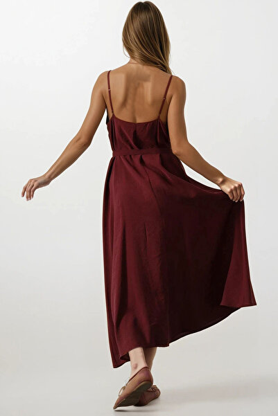 VAGGON Women's Burgundy Thin Strap Belted Midi Dress Vs00615