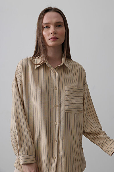 VAGGON Γυναικείο πέτρινο ριγέ πουκάμισο με μία τσέπη Vs00475