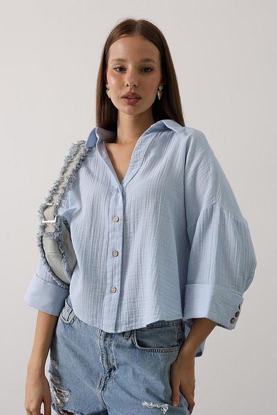 VAGGON Women's Baby Blue Sleeves Double Muslin Shirt Vs00599